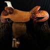 Modified Association Tree - 94 degree bars - #1 choice for fitting powerfull well muscled shoulder horses very well including half drafts - 16 inch seat - cantle is 4 inches high by 12 1/2 inches wide and has a 1 3/4 inch Cheyenne roll - horn is 4 inch high metal dally horn with a heavy mule hide ropping bonnet - Double D rigging set at 7/8ths - previously loved with a couple of generations to love back - half tooled with a classic Sheridan Floral design all hand worked by Keith Valley.